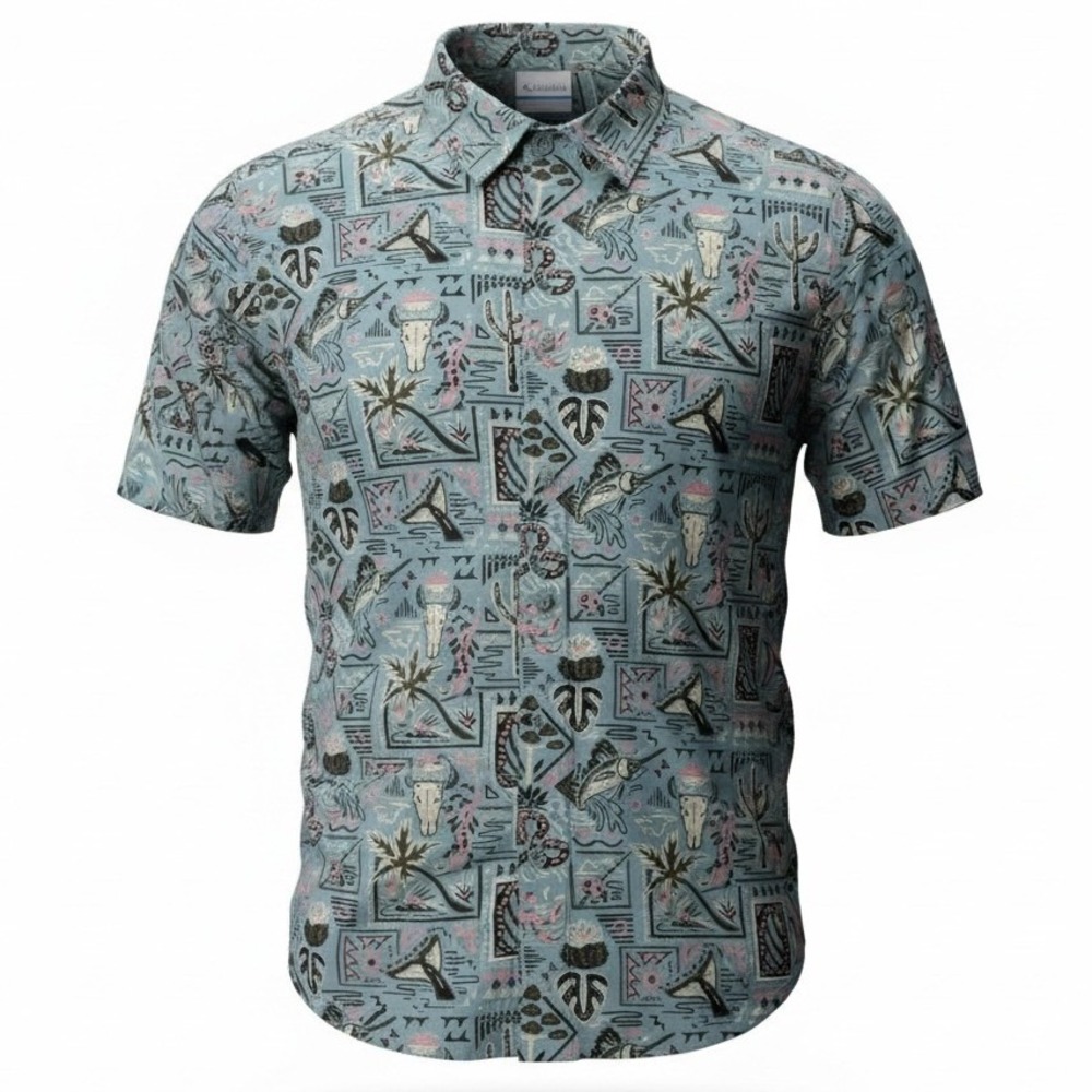 Columbia Wild Cast Camp Shirt Mens M Short Sleeve Southwestern Button Up Cactus